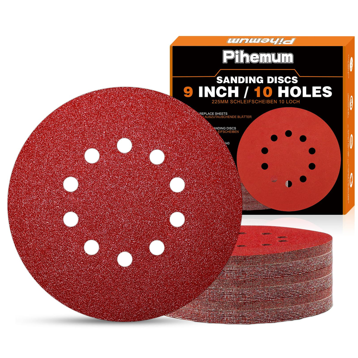 Pihemum 60-piece 9-inch drywall sanding discs with 10-hole design for smooth, efficient surface prep.