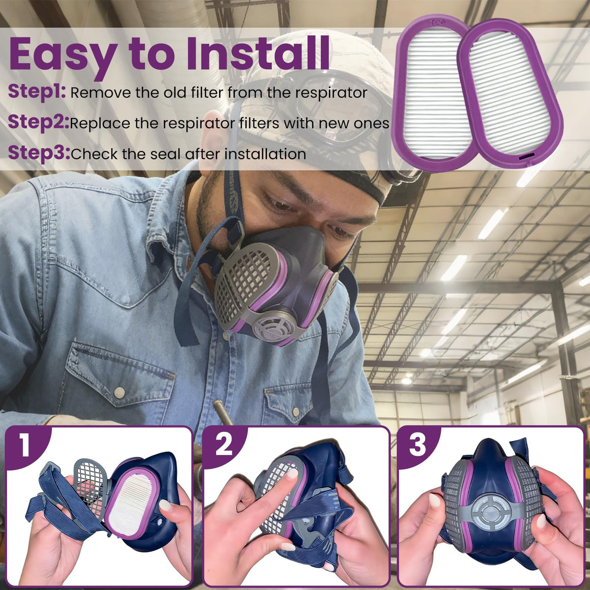 PIHIL easy-install P100 filter demonstrates quick snap-in replacement.