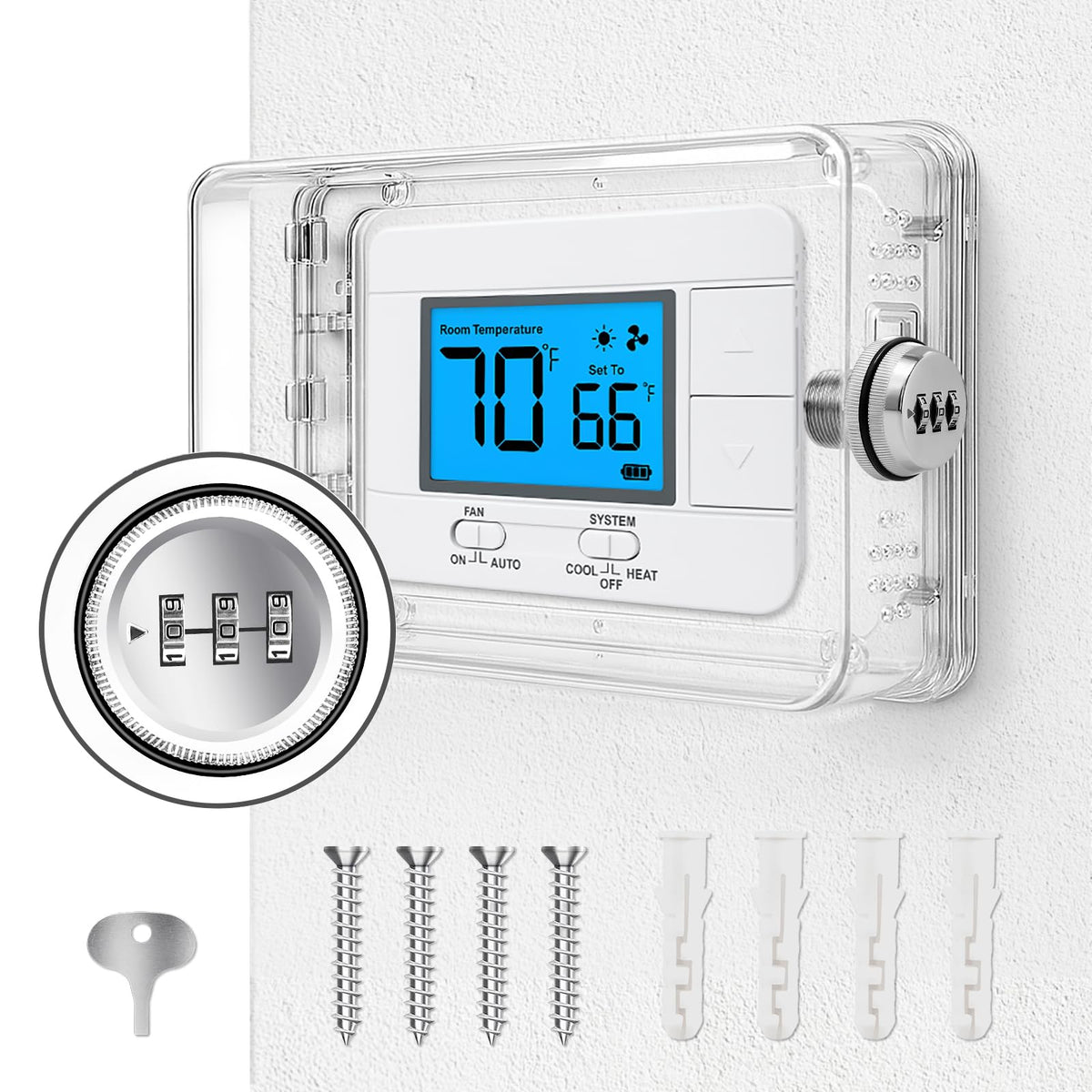 Pihode thermostat lock box front view with durable PC plastic for secure access.