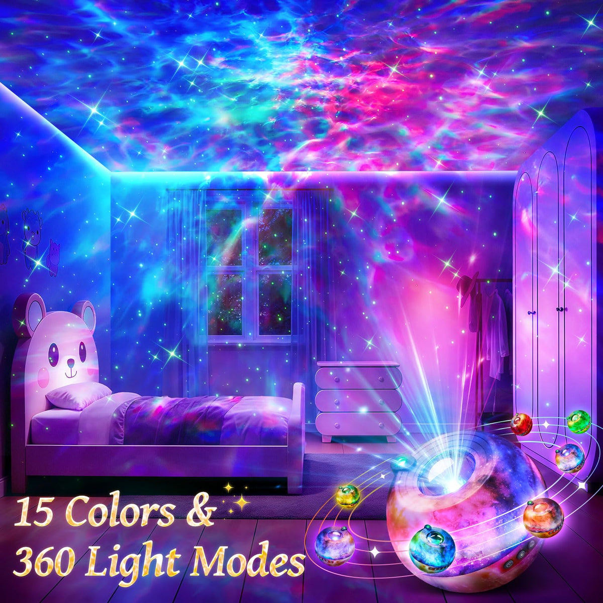 PIKOY Galaxy Projector displaying multiple color modes across the ceiling.