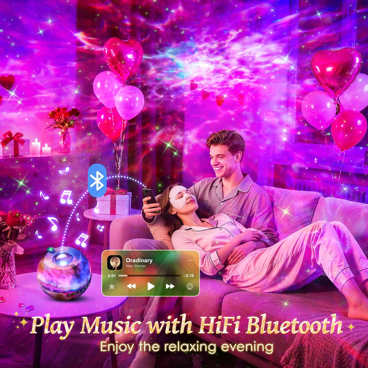 PIKOY Galaxy Projector paired with Bluetooth speaker enhances mood with music.