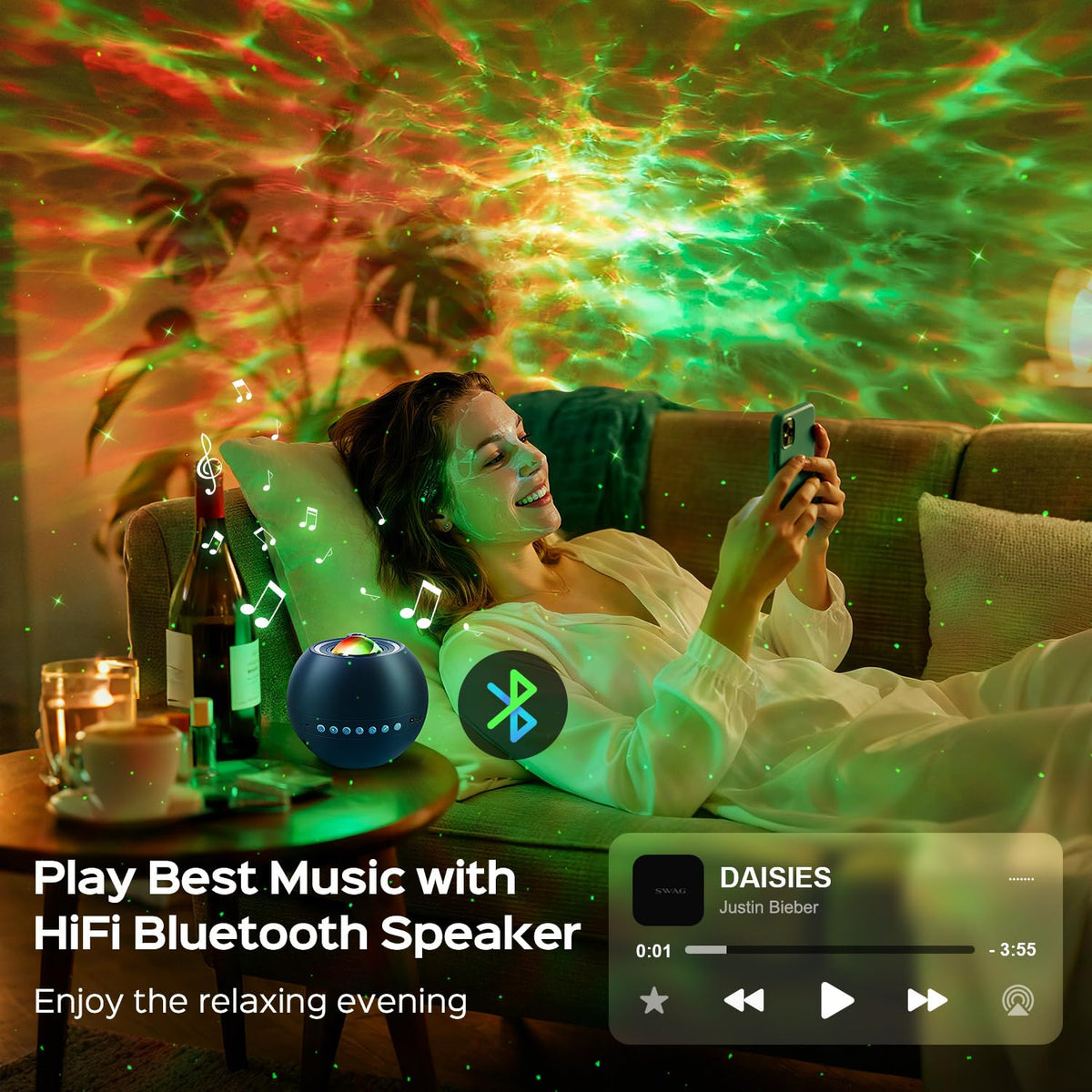 PIKOY Galaxy Projector built-in white noise for peaceful sleep.