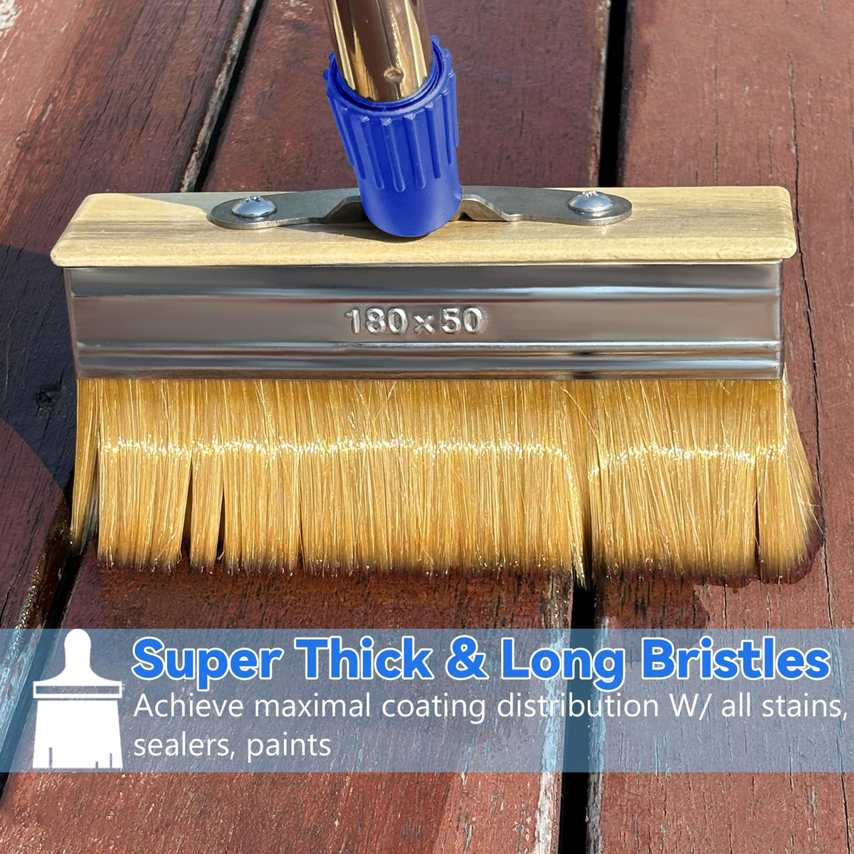 PIMEKOY deck stain brush with 60-inch handle extends reach for exterior projects.