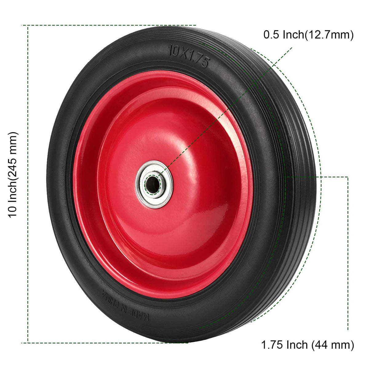 PINGEUI solid rubber 10-inch wheel, flat-free and durable for carts.