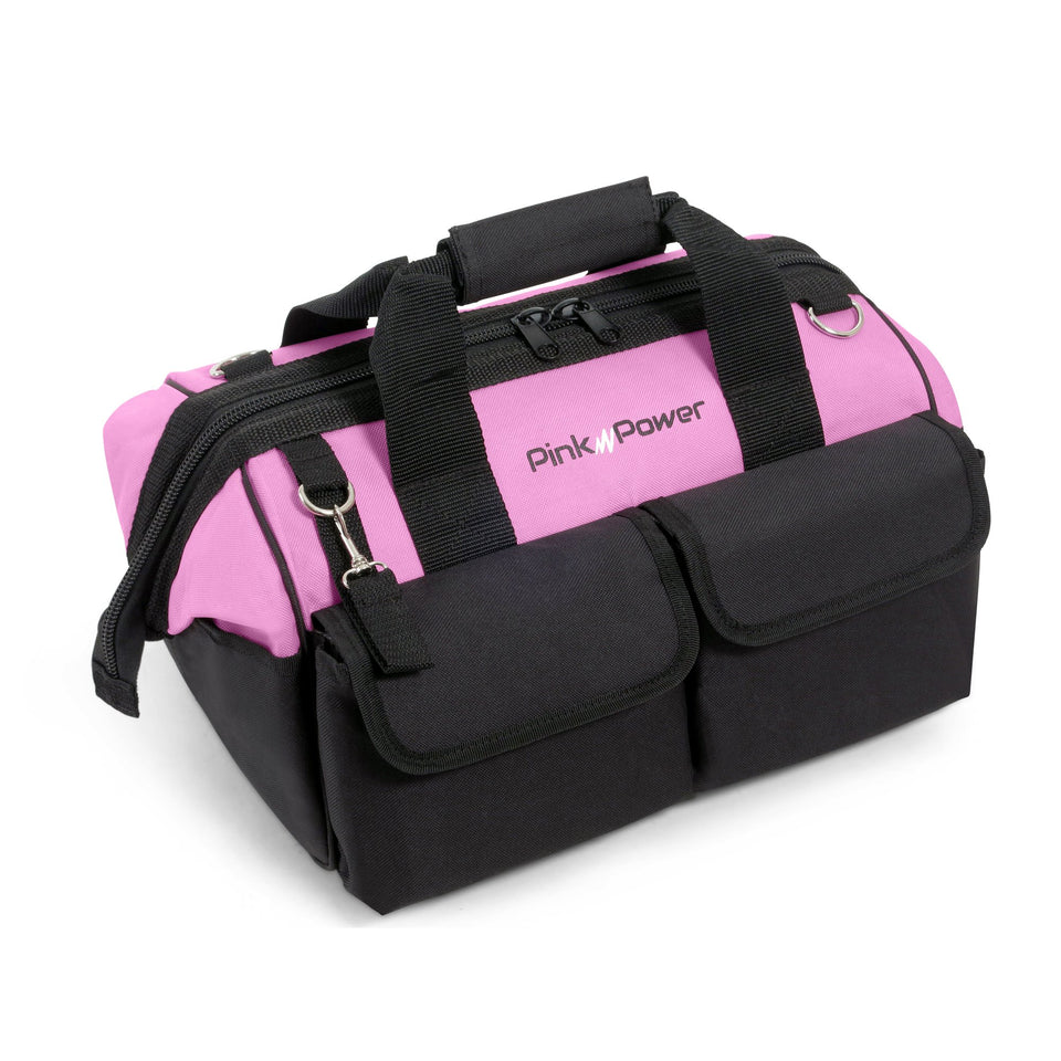 Pink Power 16-inch tool bag with wide mouth opening keeps tools organized on the job.