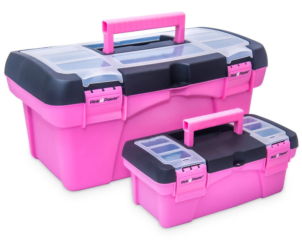 Pink Power large toolbox with dual compartments for organized storage on the go.
