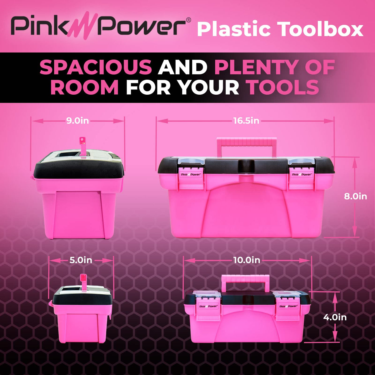 Interior tray keeps small parts organized inside the large Pink Power toolbox.