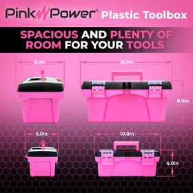 Interior tray keeps small parts organized inside the large Pink Power toolbox.