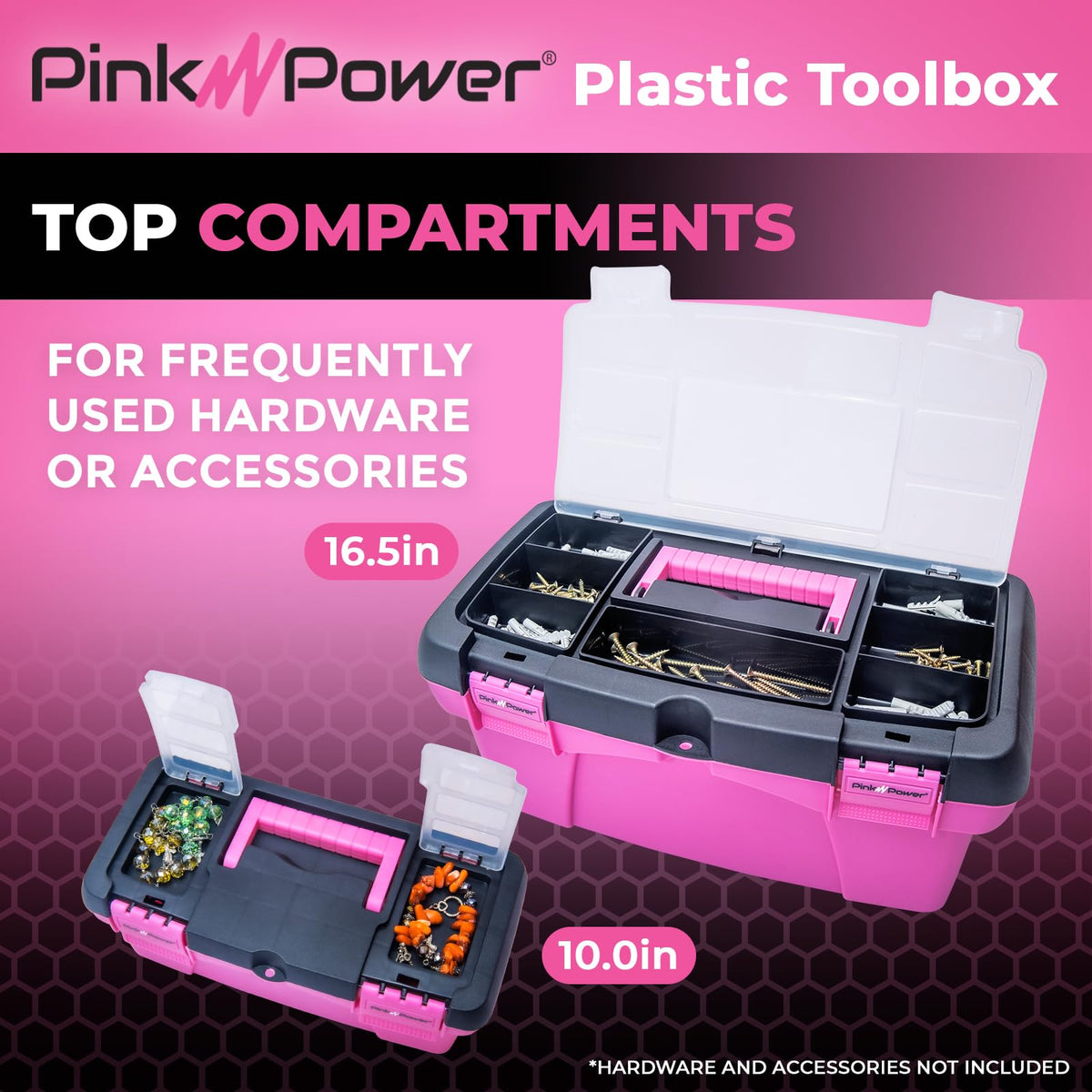 Pink Power mini toolbox with interior tray ideal for quick craft storage.