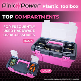 Pink Power mini toolbox with interior tray ideal for quick craft storage.