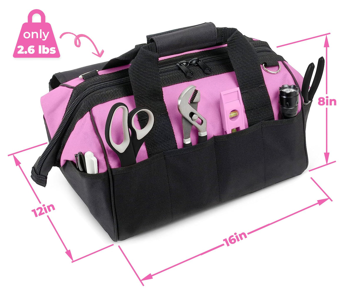 Pink Power tool bag sturdy handles offer versatile carrying options.