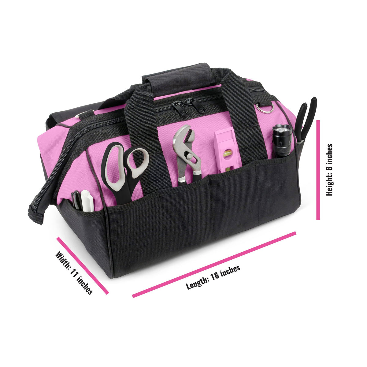 Pink Power tool bag interior pockets help organize tools and accessories.