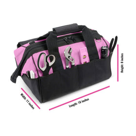 Pink Power tool bag interior pockets help organize tools and accessories.