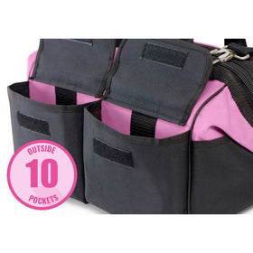 Pink Power tool bag reinforced bottom protects contents during transport.