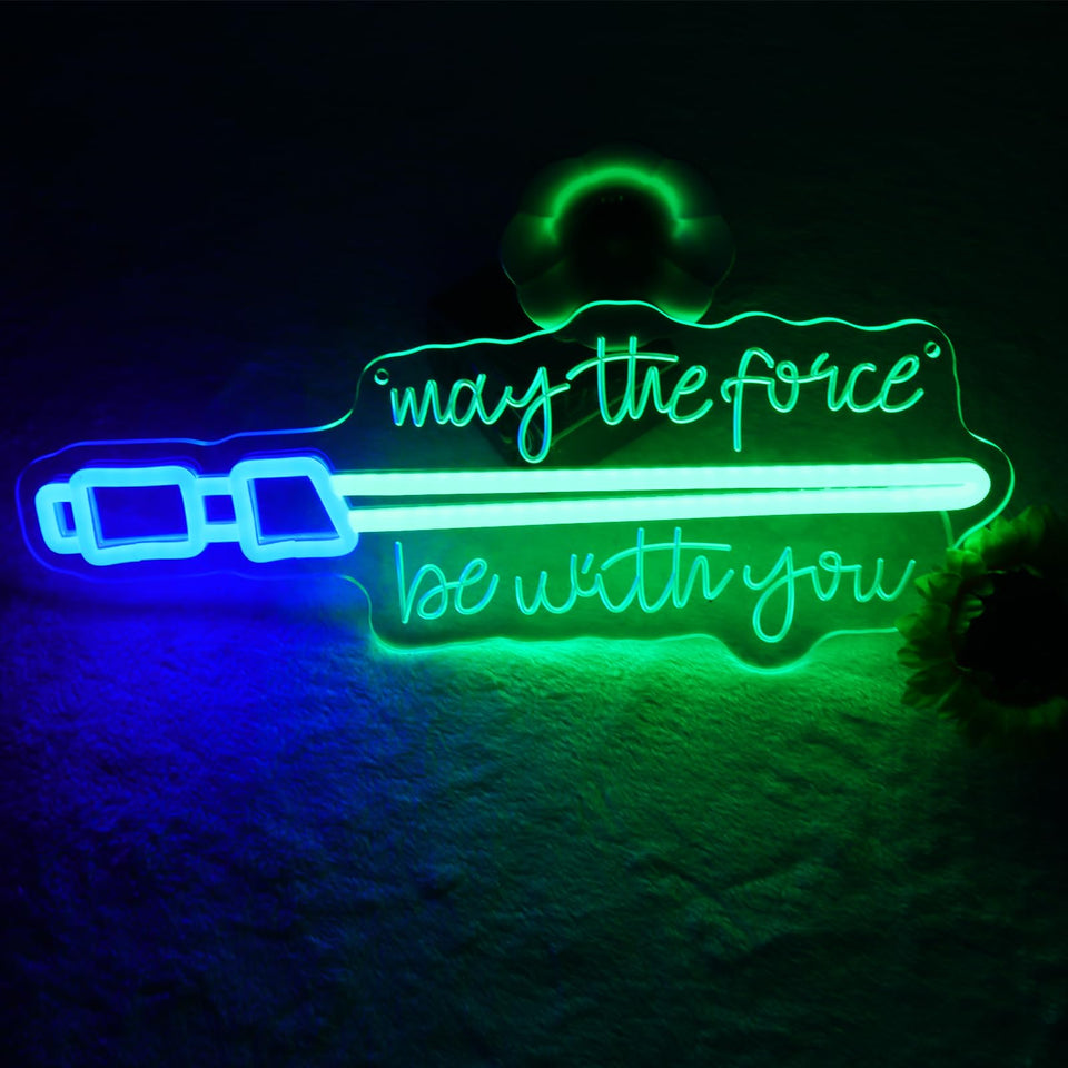 Pinlangdou Lightsaber Neon Sign glows with May the Force Be With You for fan walls