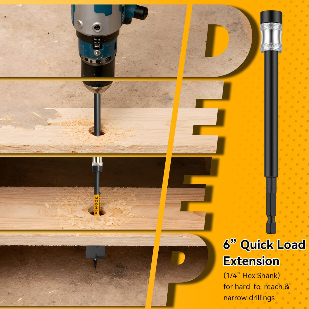 PINOZE 1/4 inch hex shank for broad drill compatibility.
