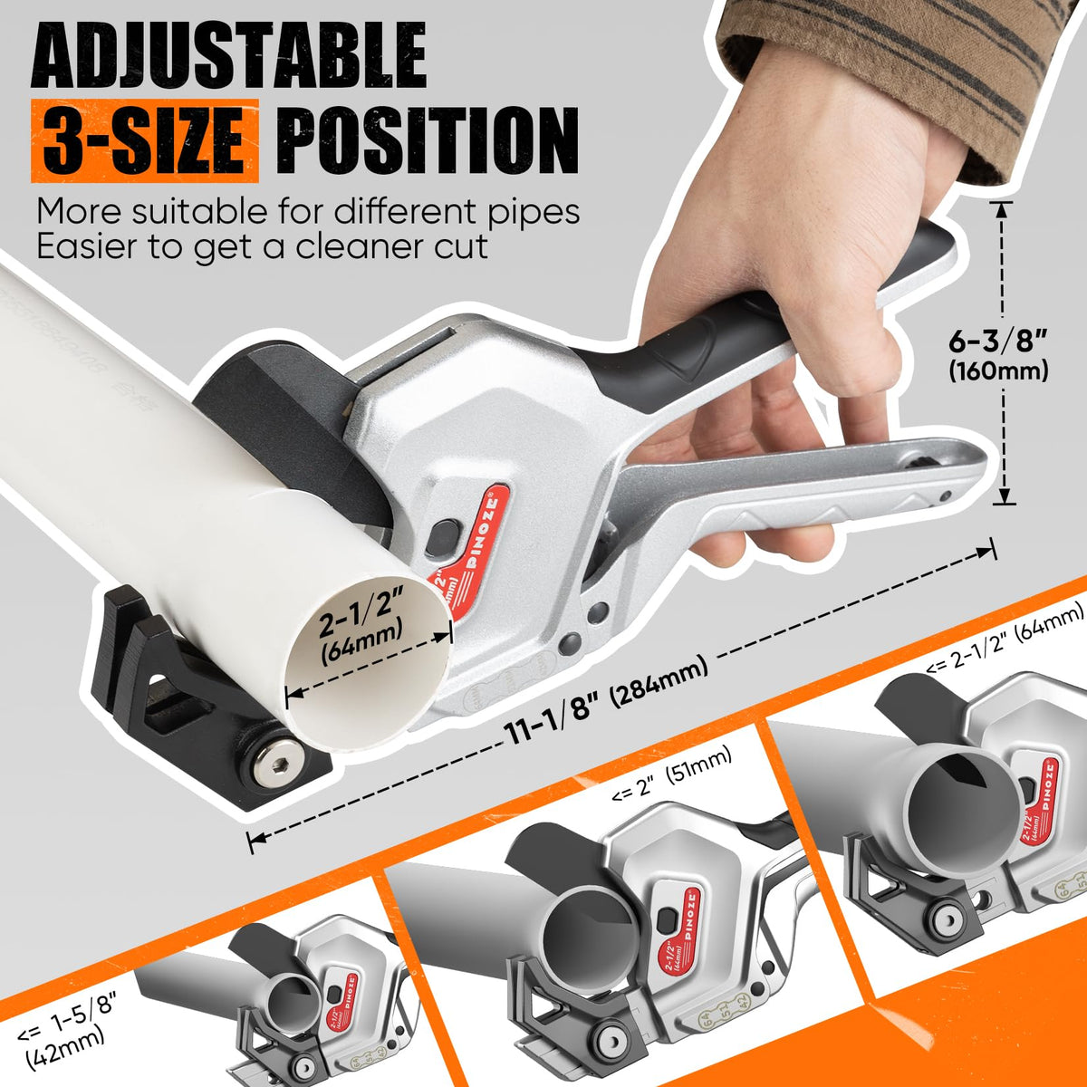 PINOZE PVC pipe cutter adjustment button enables quick, secure opening for different pipe sizes.