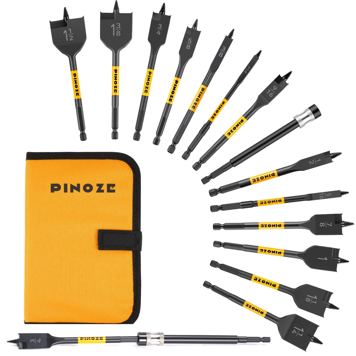 PINOZE spade drill bit set collection for clean holes and quick access.
