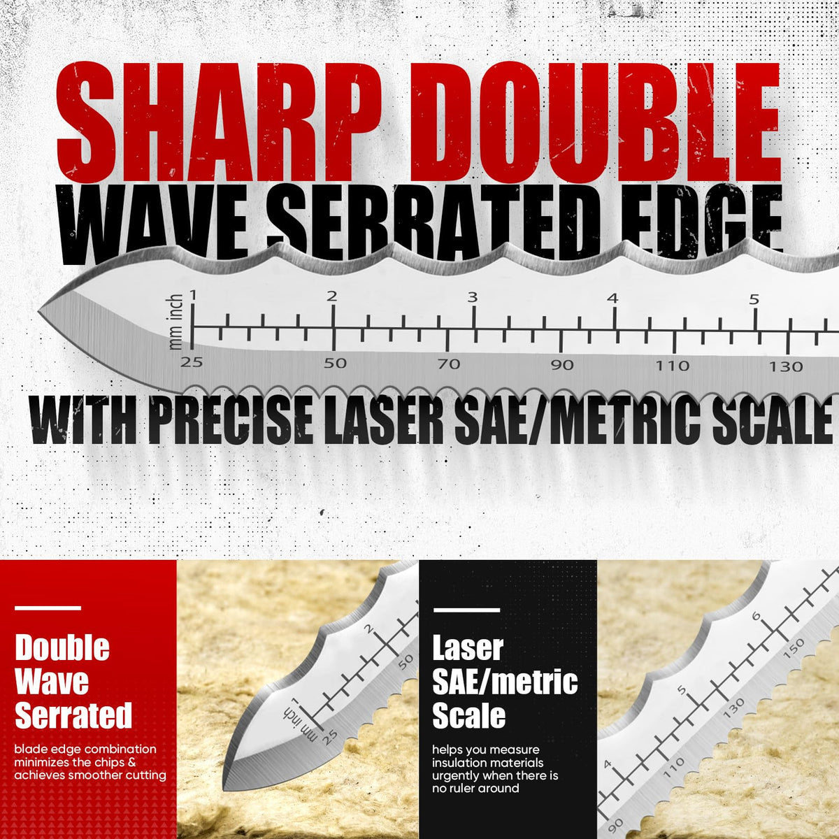 PINOZE stainless-steel blade stays rust-resistant for reliable insulation material cutting.