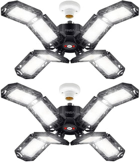 Pinsai eight-panel LED garage light with adjustable brightness for versatile garage workspaces.