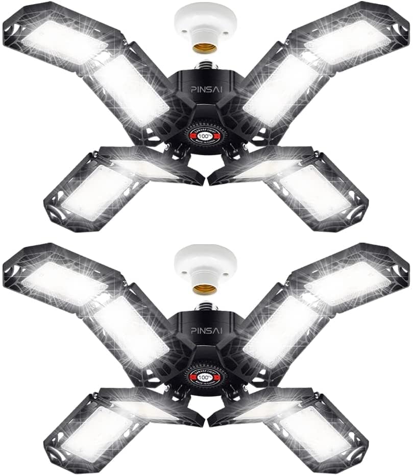 Pinsai eight-panel LED garage light with adjustable brightness for versatile garage workspaces.