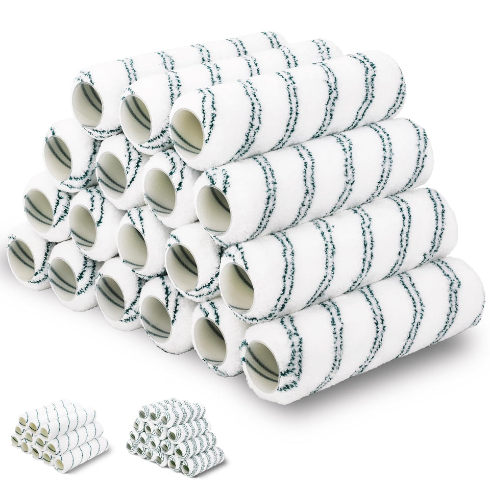 PinStone 18-pack 9in microfiber roller covers close-up showing dense pile for smooth paint release
