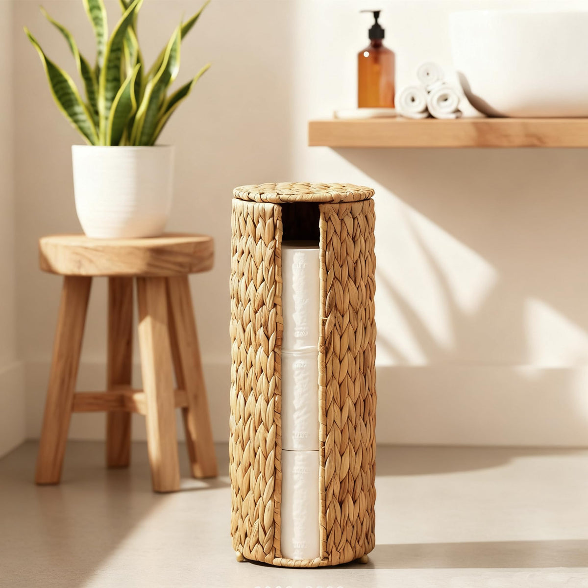 PINXIURY water hyacinth roll holder in a bathroom setup for organized storage