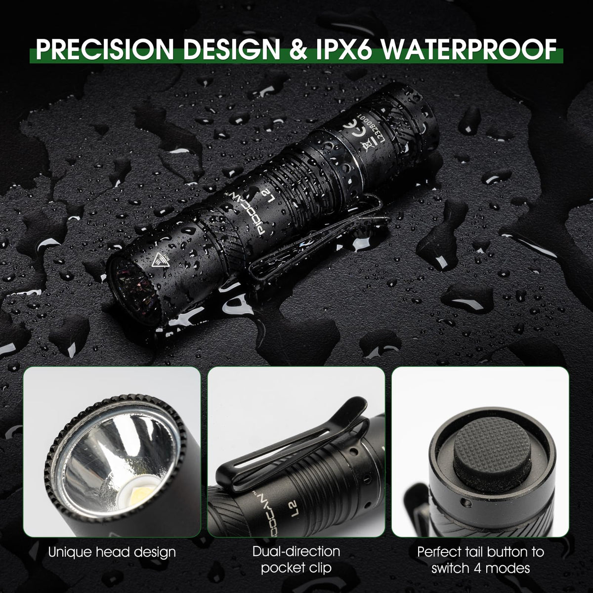 PIOOCAN flashlight offers four modes for versatility (high, medium, low, strobe)