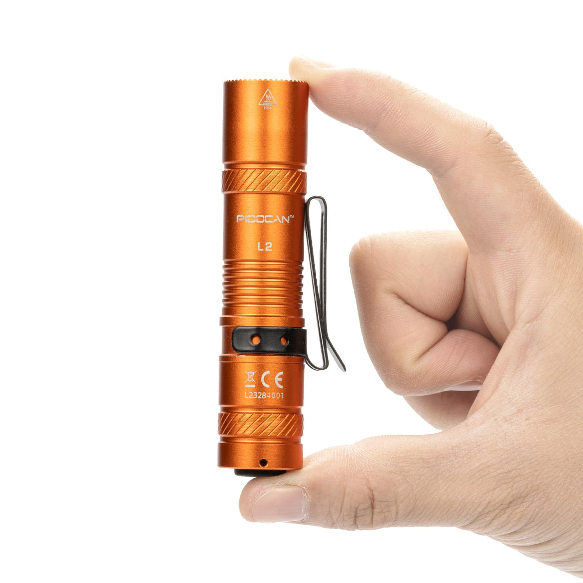 PIOOCAN rechargeable flashlight showing 1200-lumen beam for outdoor visibility.
