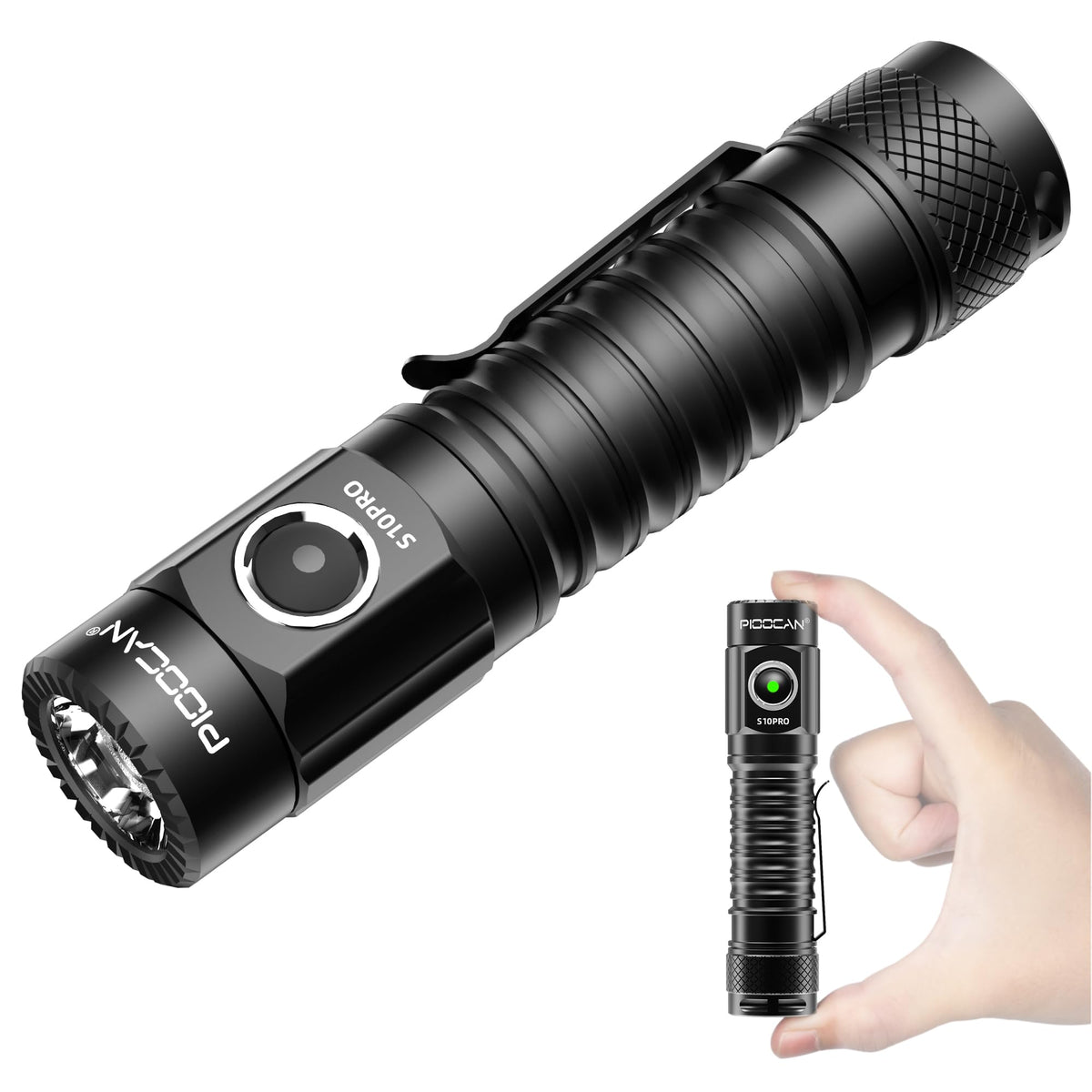 PIOOCAN S10Pro flash light with clip for hands-free everyday use