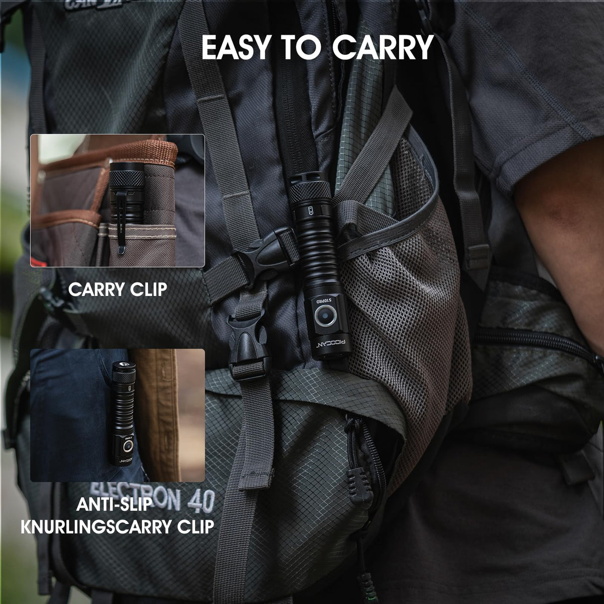 PIOOCAN S10Pro pocket clip keeps it accessible during hikes