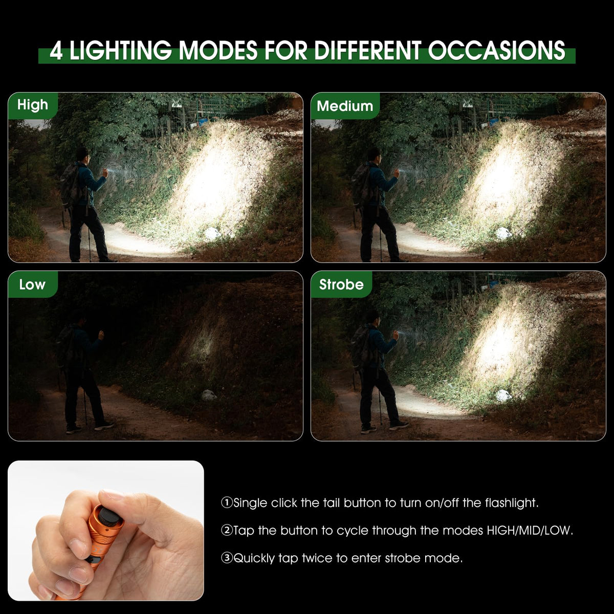 PIOOCAN USB-C rechargeable flashlight with AA compatibility for convenience.