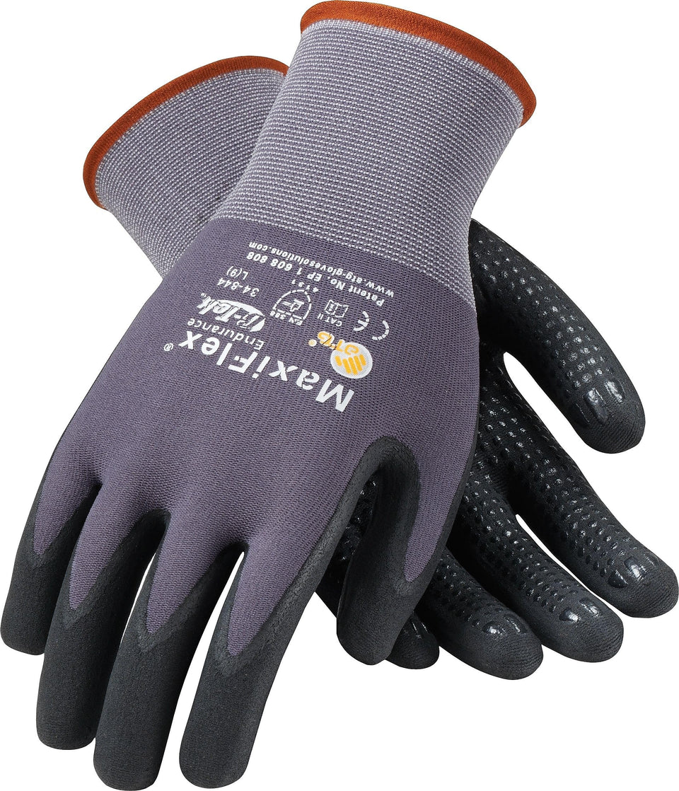 PIP G-Tek coated work gloves front view showing comfortable fit and grip for light oils.