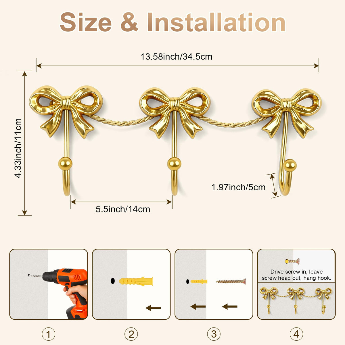 Pipigaty gold bow decor for bathroom; practical towel hanging.
