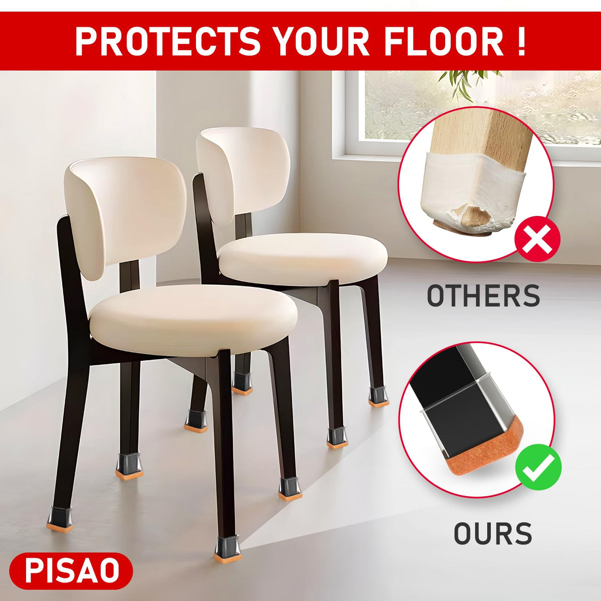 PISAO silicone chair leg cap showing easy slip-on installation.