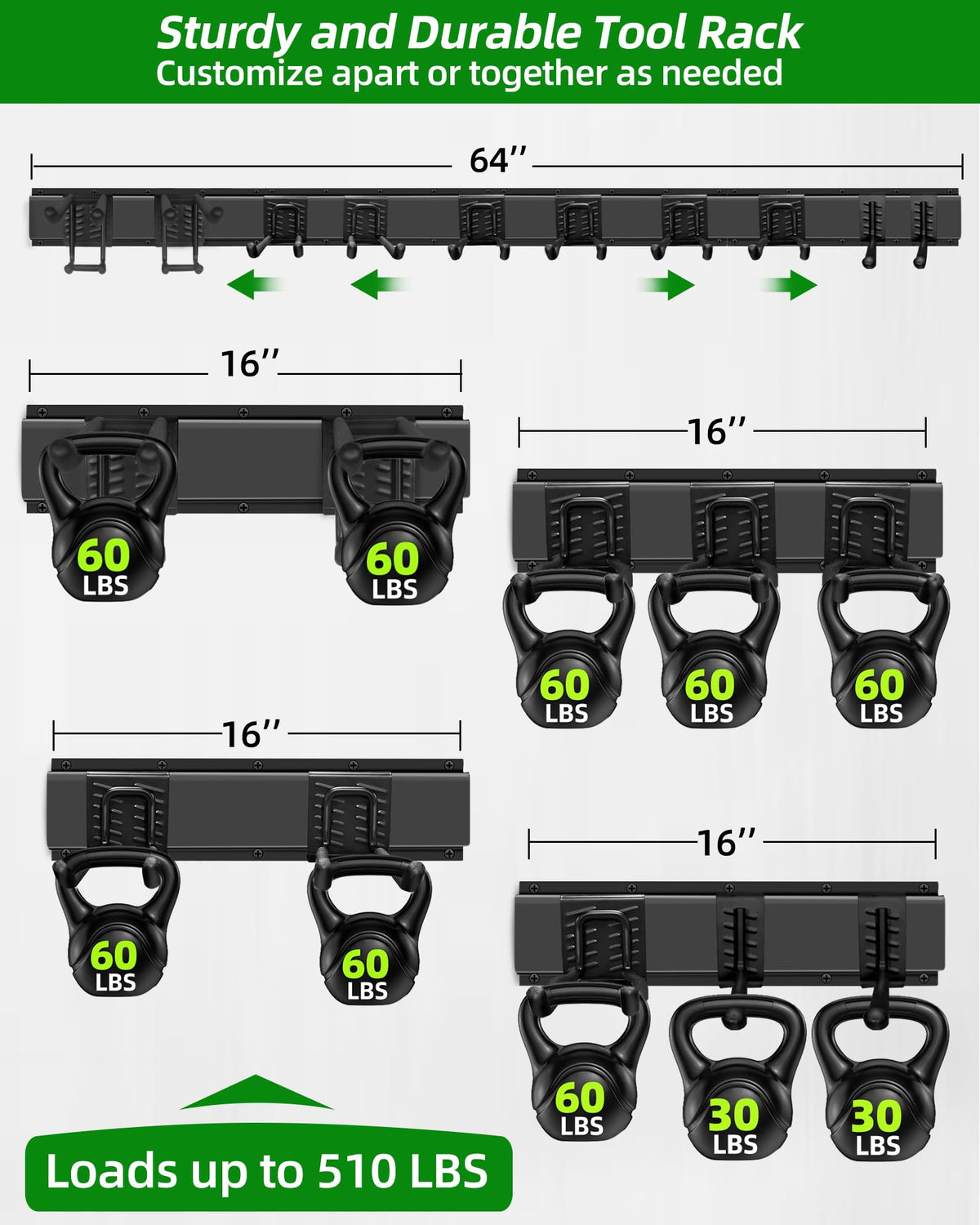 PIYILO adjustable hooks on rails configured for versatile tool placement