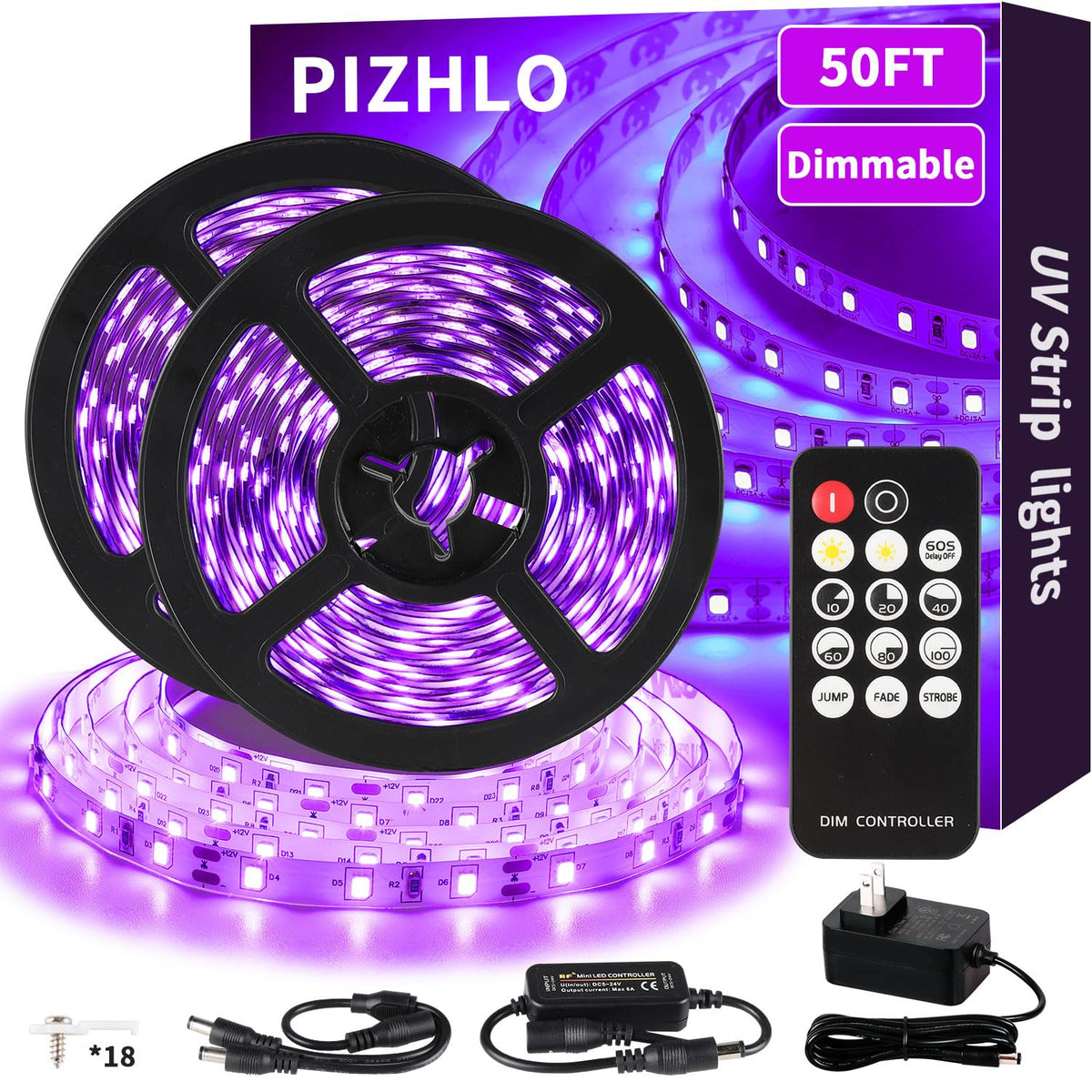 PIZHLO 50ft black light strip ready for remote-controlled glow
