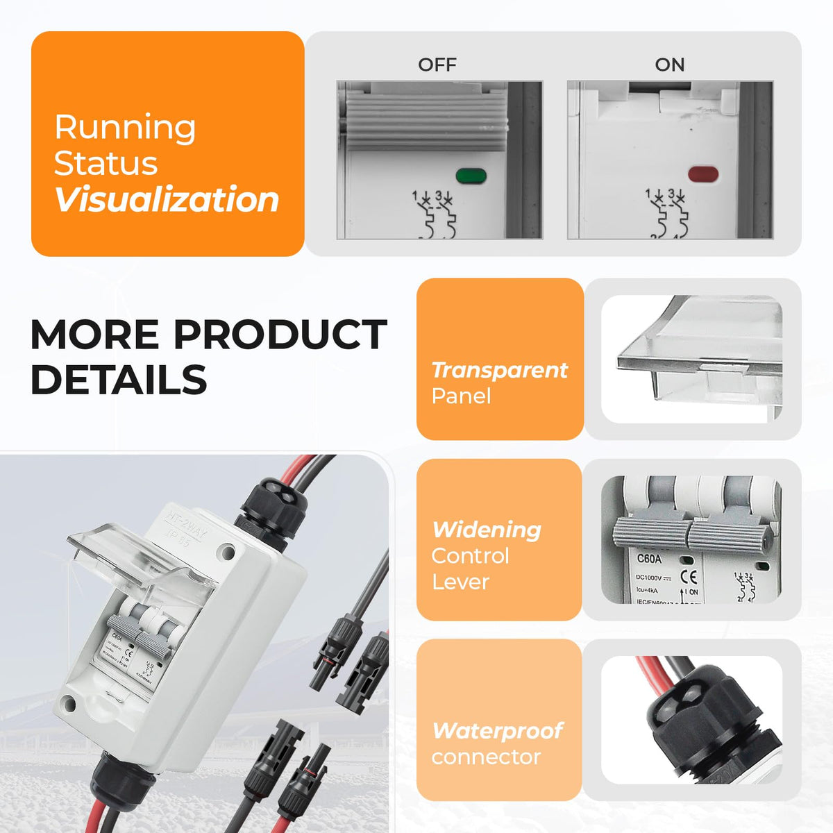 Pjerjzn double waterproof connectors top and bottom for plug-and-play installation.