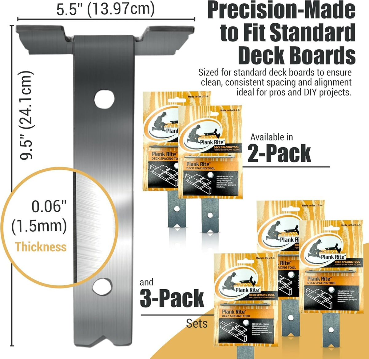 Plank Rite spacing tool between-boards guides gaps for a neat finish.