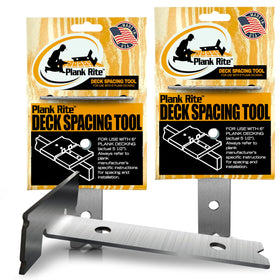 Plank Rite deck spacing tool 2-pack shows uniform gaps for wood and composite decking.