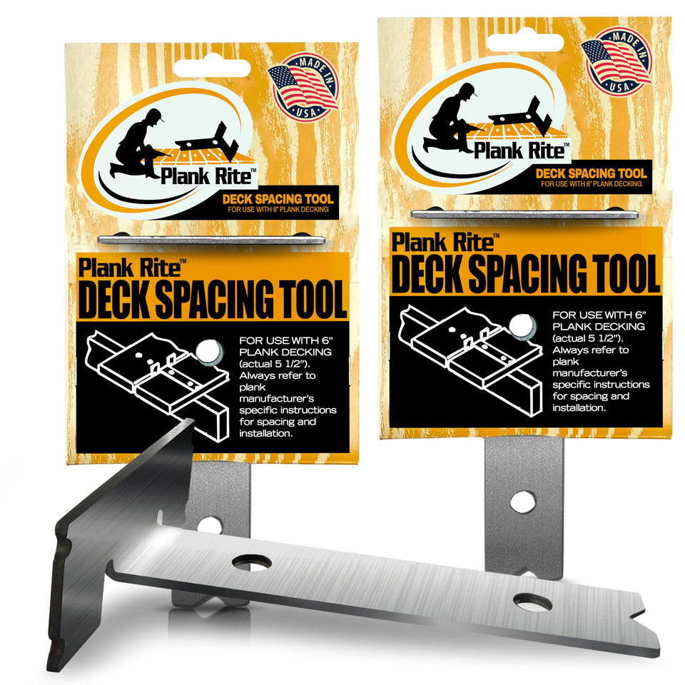 Plank Rite deck spacing tool 2-pack shows uniform gaps for wood and composite decking.