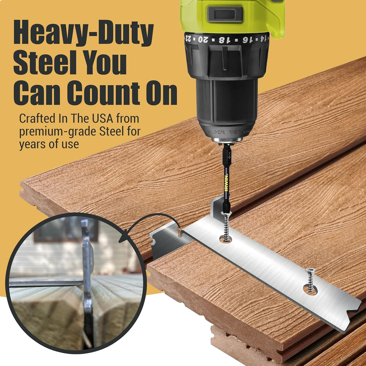Plank Rite two-sided spacing deck jig supports wood and composite decking.