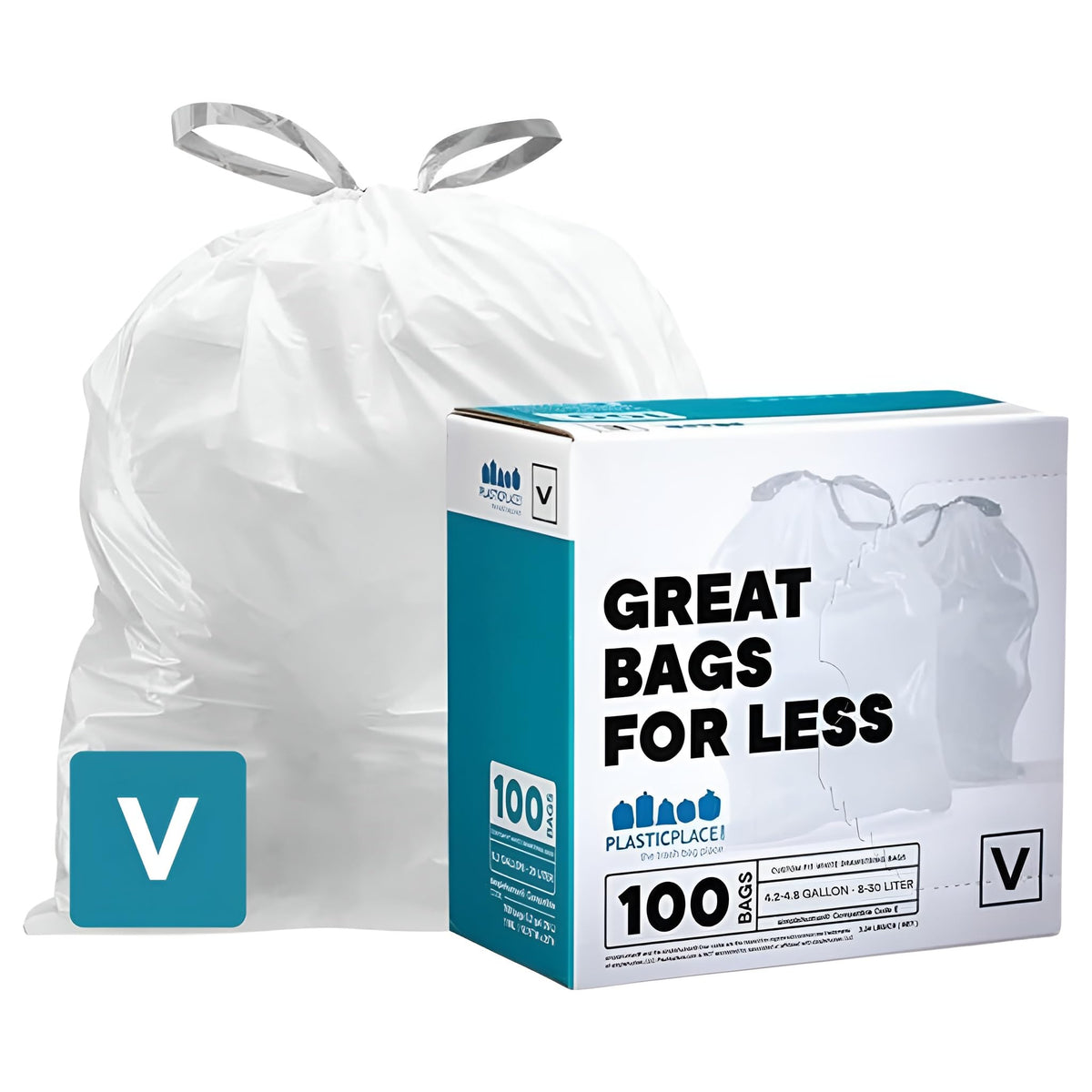 Plasticplace box-front display of custom fit Code V trash bags for quick changes
