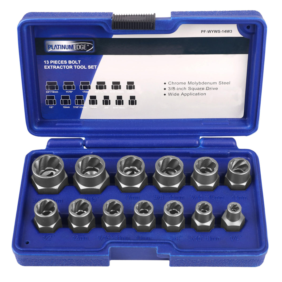 PLATINUMEDGE 13-piece bolt and nut remover kit in a sturdy case for easy transport.