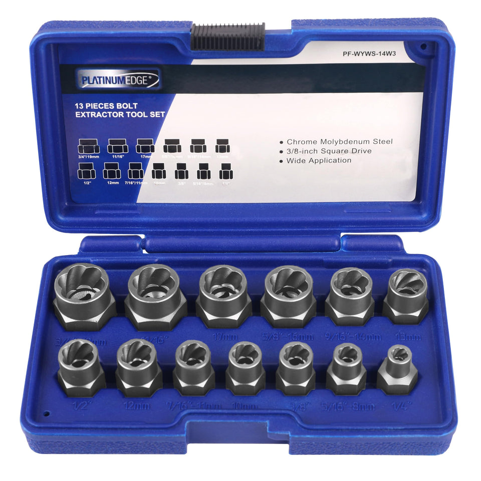 PLATINUMEDGE 13-piece bolt and nut remover kit in a sturdy case for easy transport.