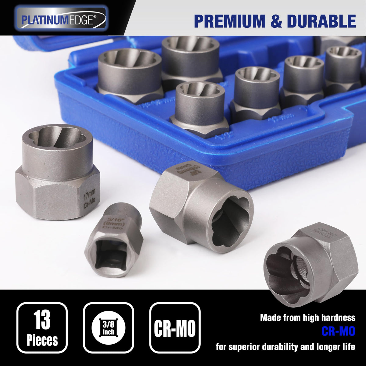PLATINUMEDGE 3/8 inch square drive compatibility with ratchets and wrenches.