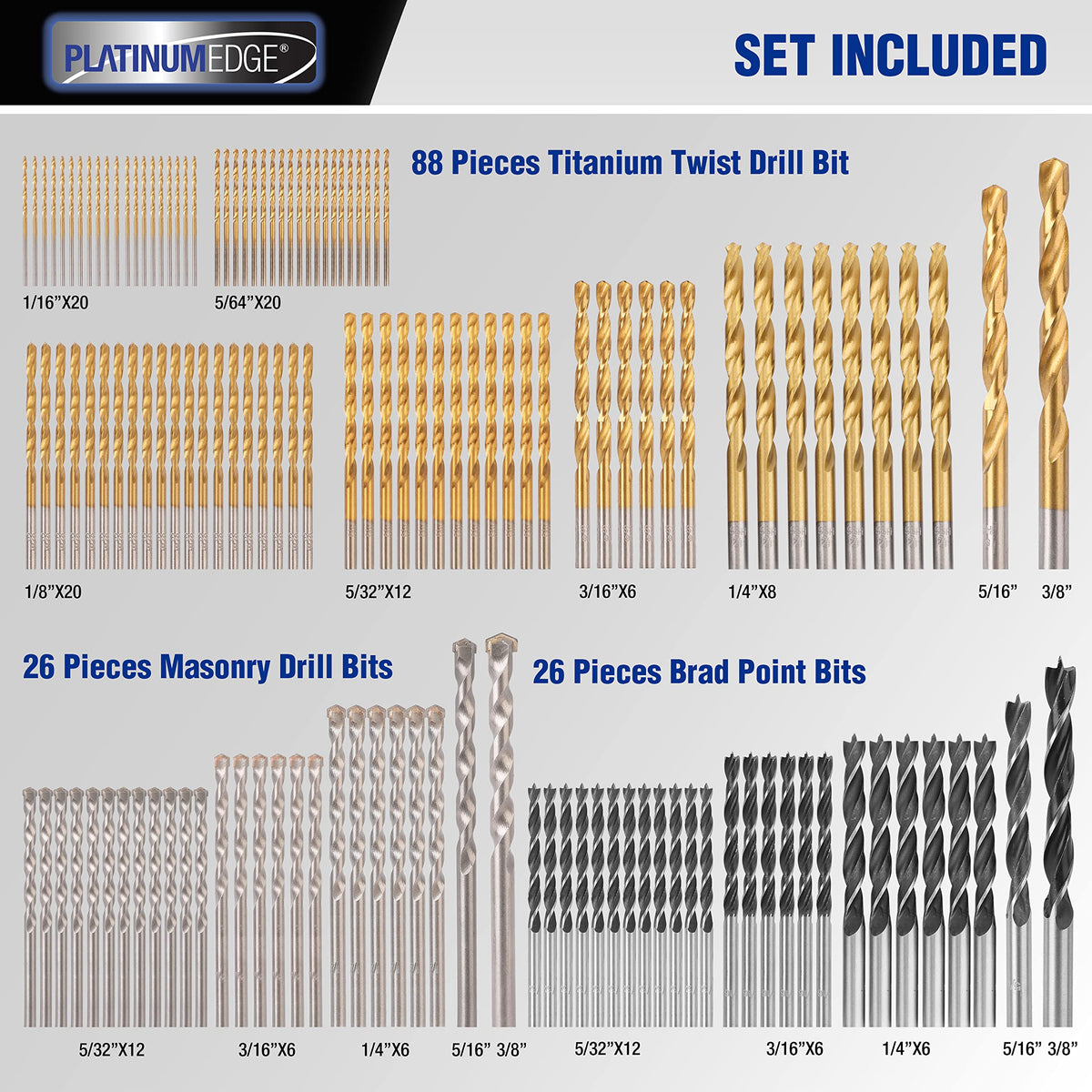PLATINUMEDGE 88pc titanium twist bits with rust resistance for metal drilling