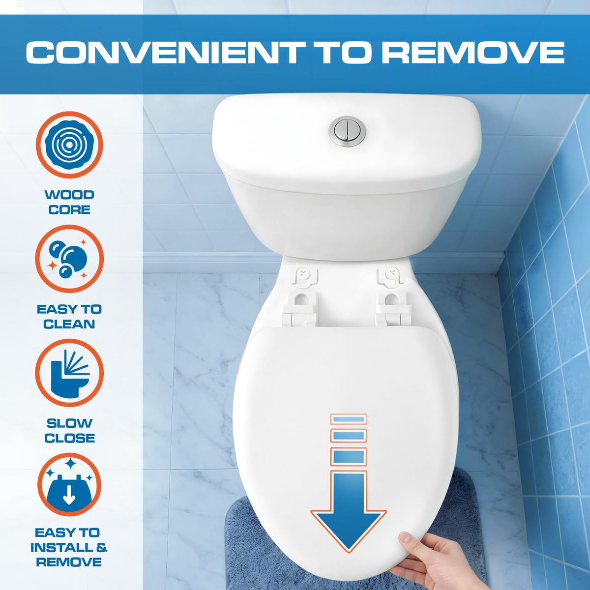Plexon seat fits universal elongated toilets from Kohler, American Standard, and TOTO.