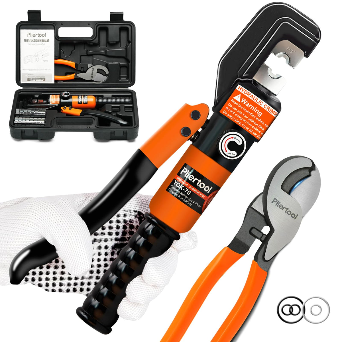 Pliertool 10-ton hydraulic crimper dies enable precise hex crimps.