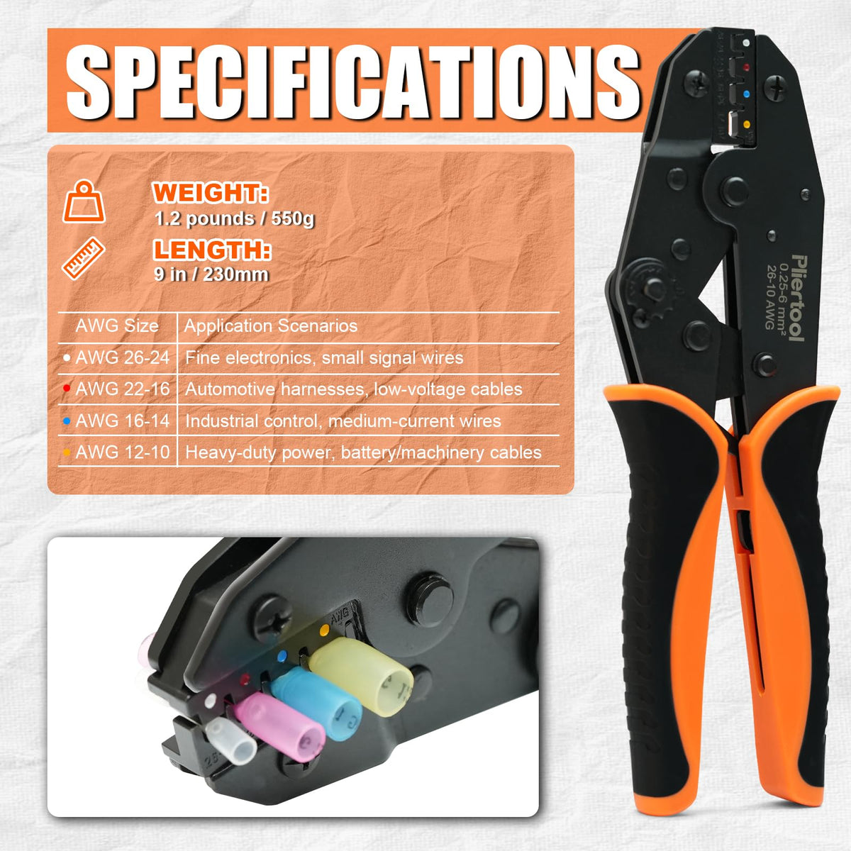 Pliertool crimping tool highlights AWG26-10 compatibility for secure terminations.